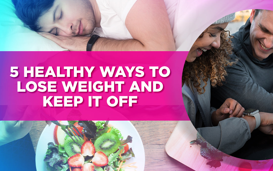 Image showing healthy weight loss tips, featuring a sleeping man, a smartwatch, and a healthy salad.
