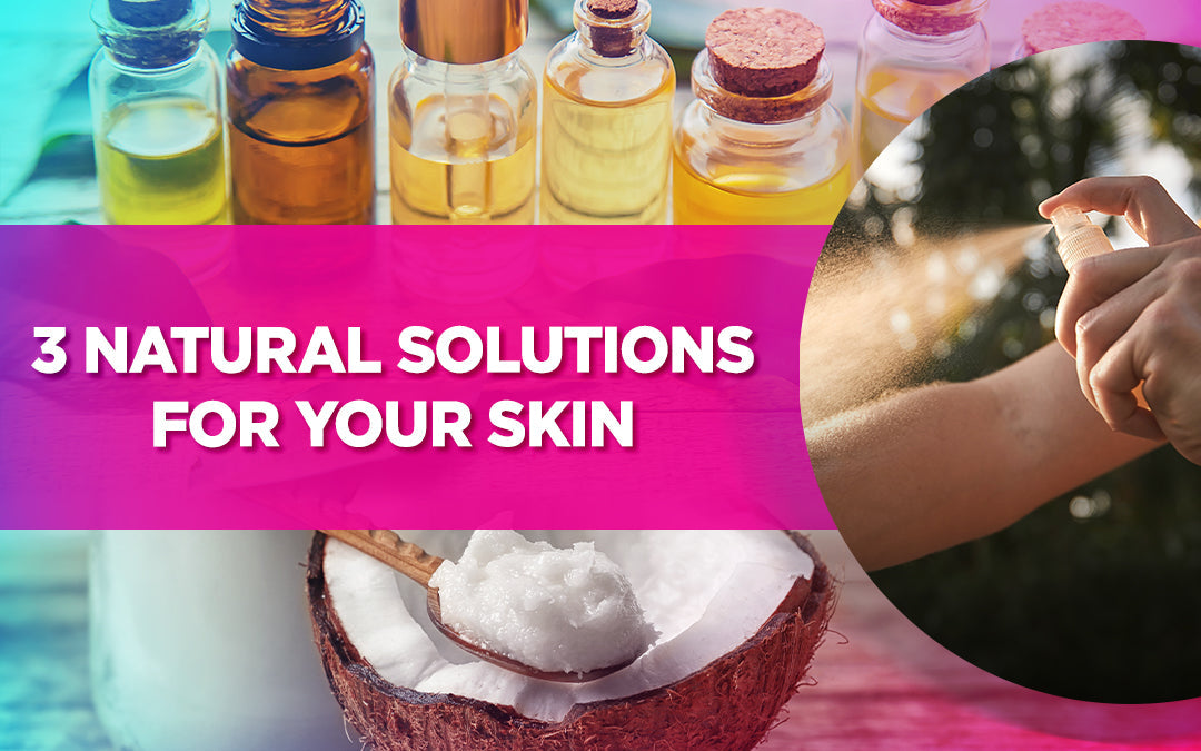 Three natural skin solutions with essential oils, coconut oil, and a spray bottle in a vibrant design.