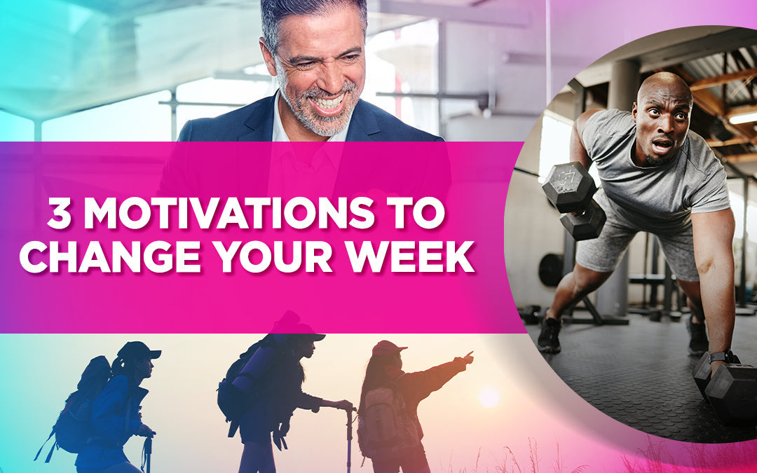 Smiling man in a suit, a man lifting weights, and hikers with text: