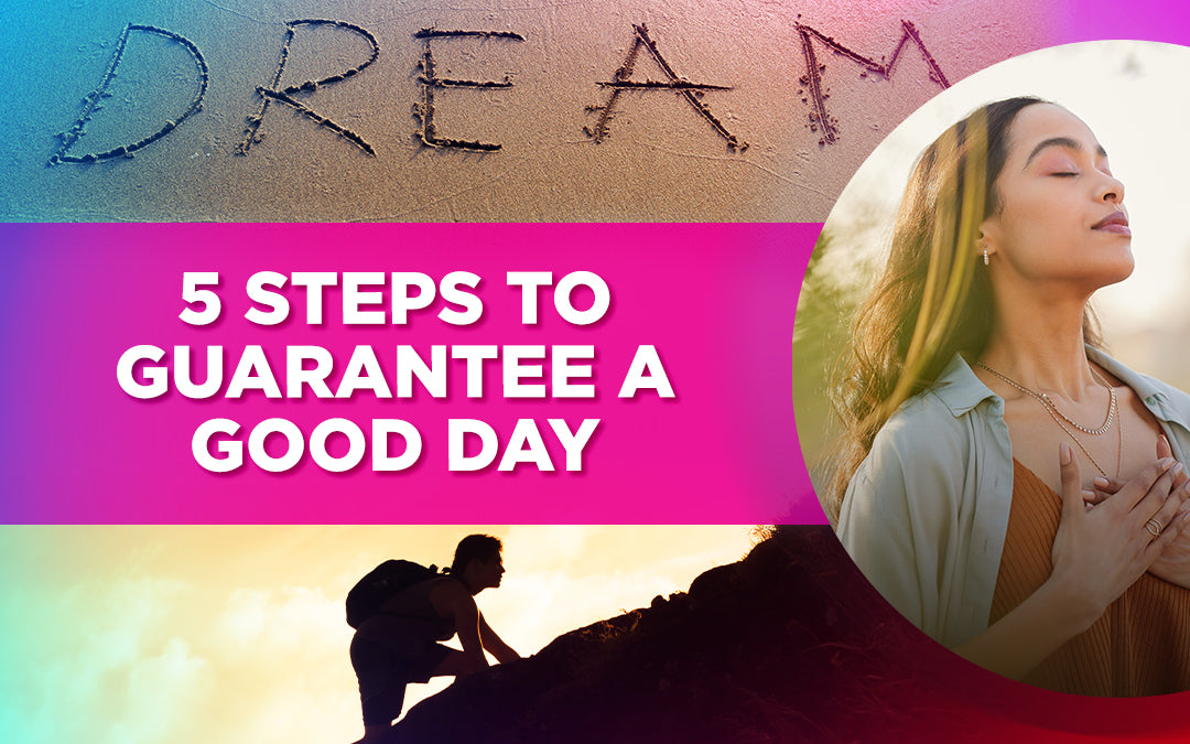 Dream text on sand, peaceful woman meditating, and hiker climbing with pink text overlay.