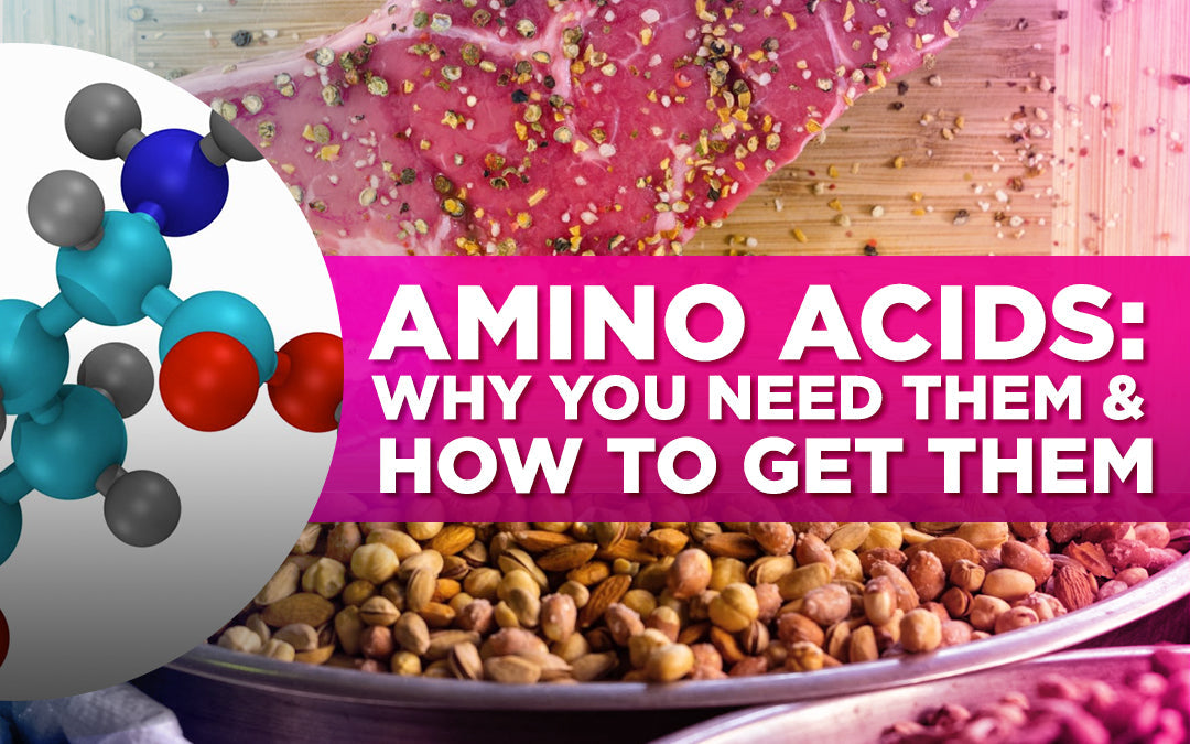 Image about amino acids, showing raw steak, nuts, and a molecular model with bold pink text overlay.