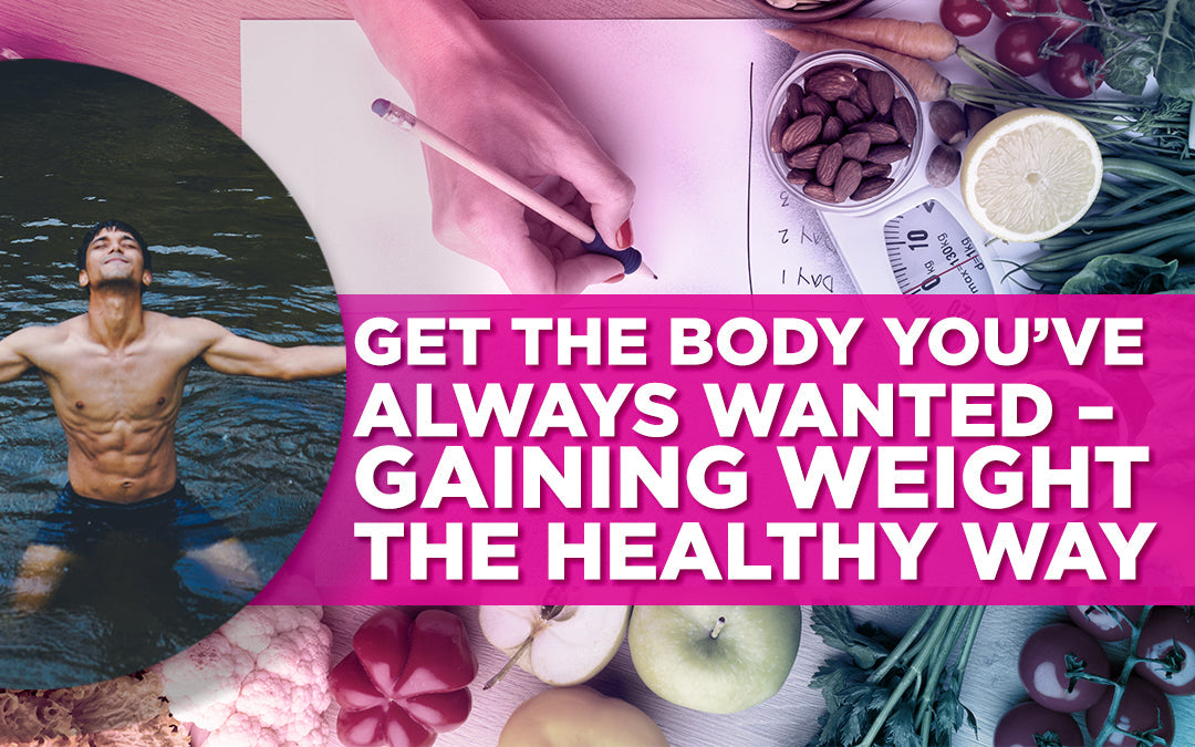 Healthy weight gain concept with a fit man, nutritious foods, and a diet plan on a notepad.