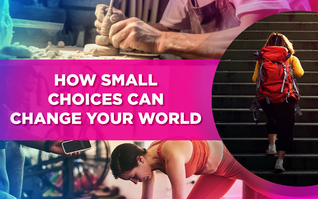 Collage of small actions: pottery, hiking, fitness, and phone use with the title overlay.