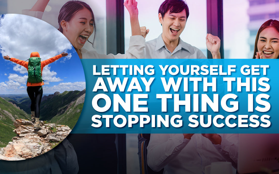 Motivational image with excited office workers and a hiker, featuring bold success-themed text.
