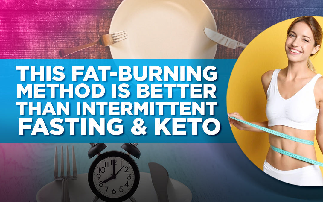 A smiling woman measuring her waist with a tape, promoting a fat-burning method better than keto.
