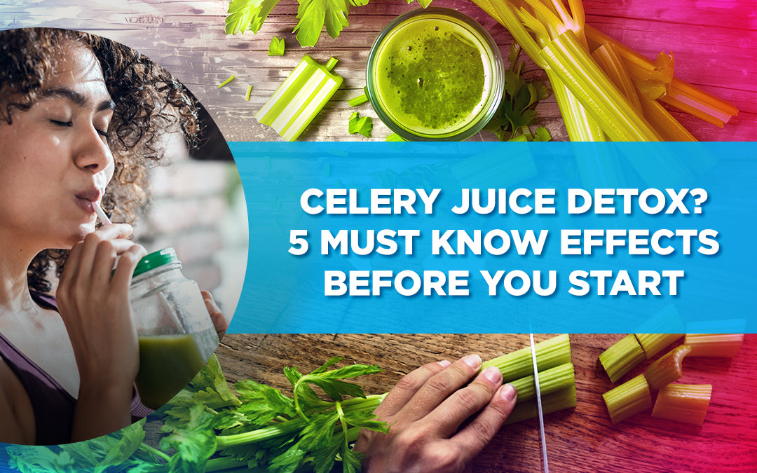 Person drinking celery juice with text 'Celery Juice Detox? 5 Must Know Effects Before You Start' beside celery