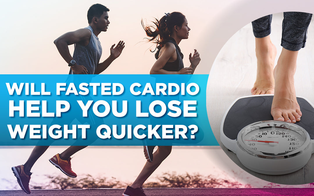 Two people running outdoors with text overlay: 'Will fasted cardio help you lose weight quicker?