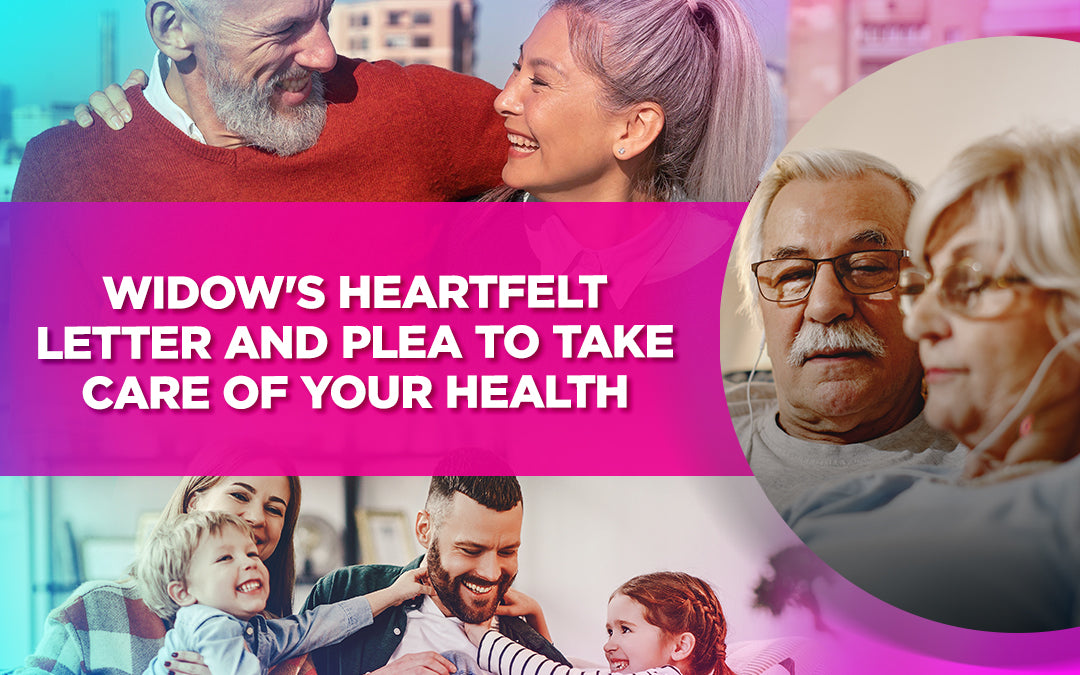 Older woman’s heartfelt plea for health, with family photos encouraging wellness and togetherness.