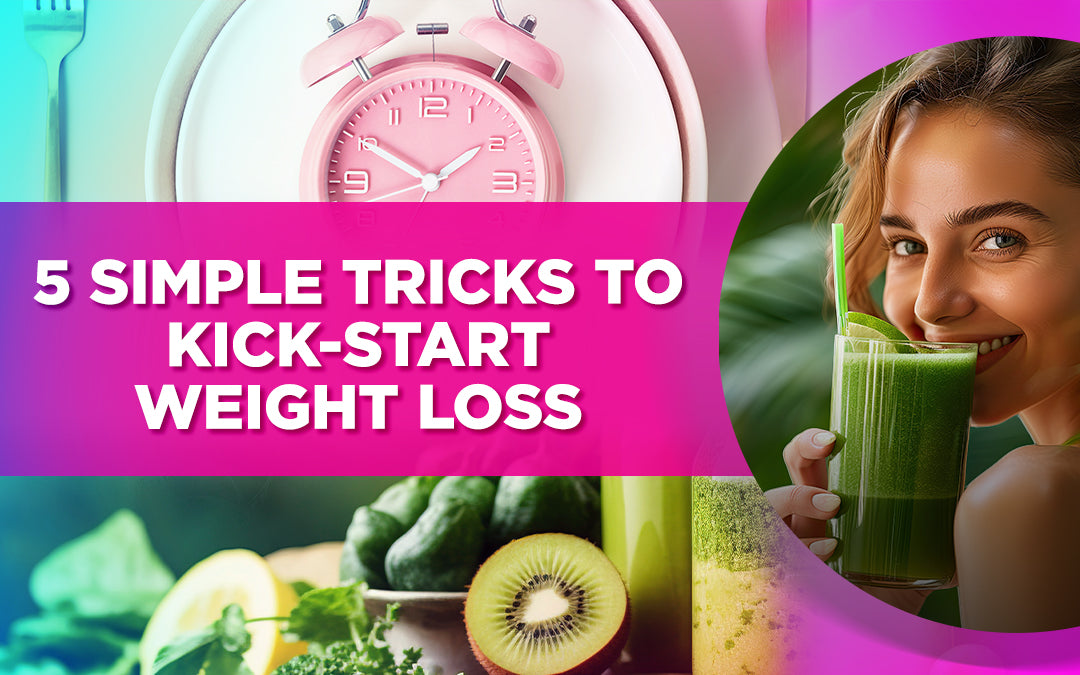 The image promotes "5 Simple Tricks to Kick-Start Weight Loss" with bold white text on a pink banner. It features a pink alarm clock, a smiling woman drinking a green smoothie, and fresh fruits and vegetables, highlighting health and nutrition.