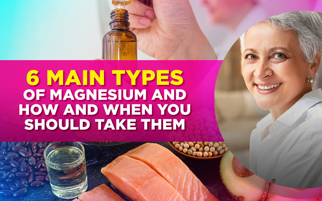 "6 main types of magnesium and how and when to take them" text over health-related images.