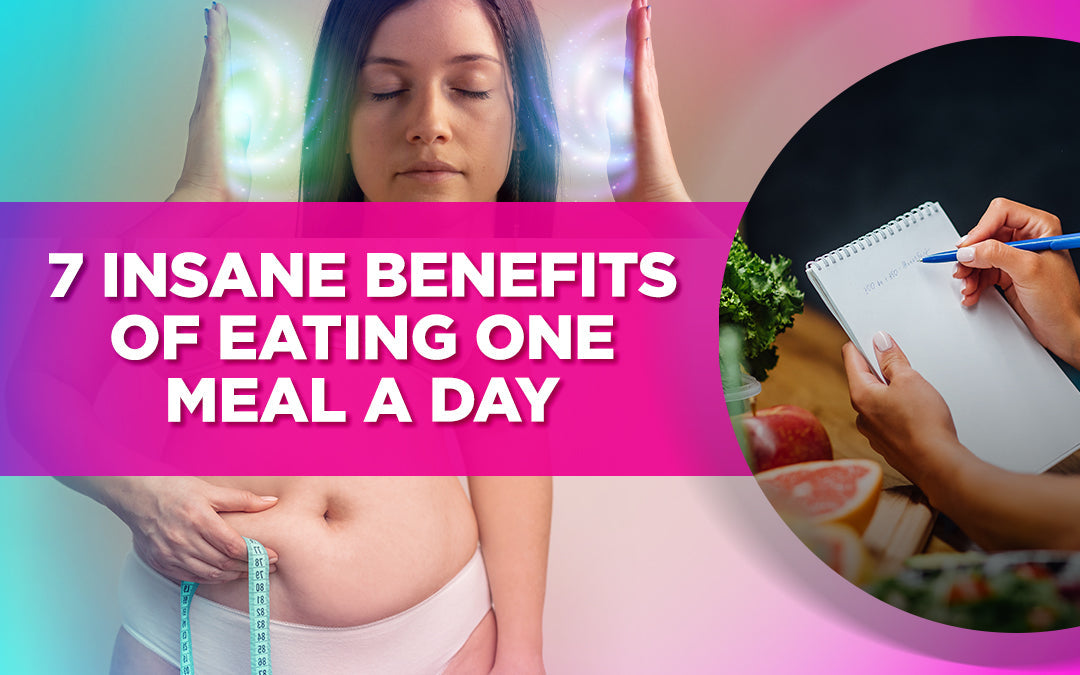 Image showing a woman meditating, a measuring tape around her waist, and a person writing notes, with the text '7 Insane Benefits of Eating One Meal a Day' displayed prominently.