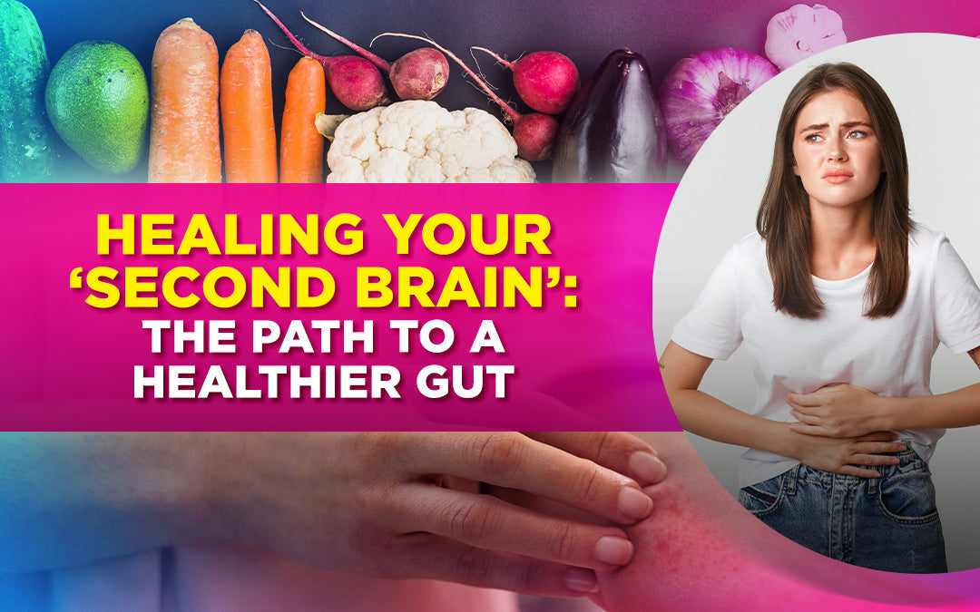 Image with vegetables, a woman holding her stomach in discomfort, and text about gut health.