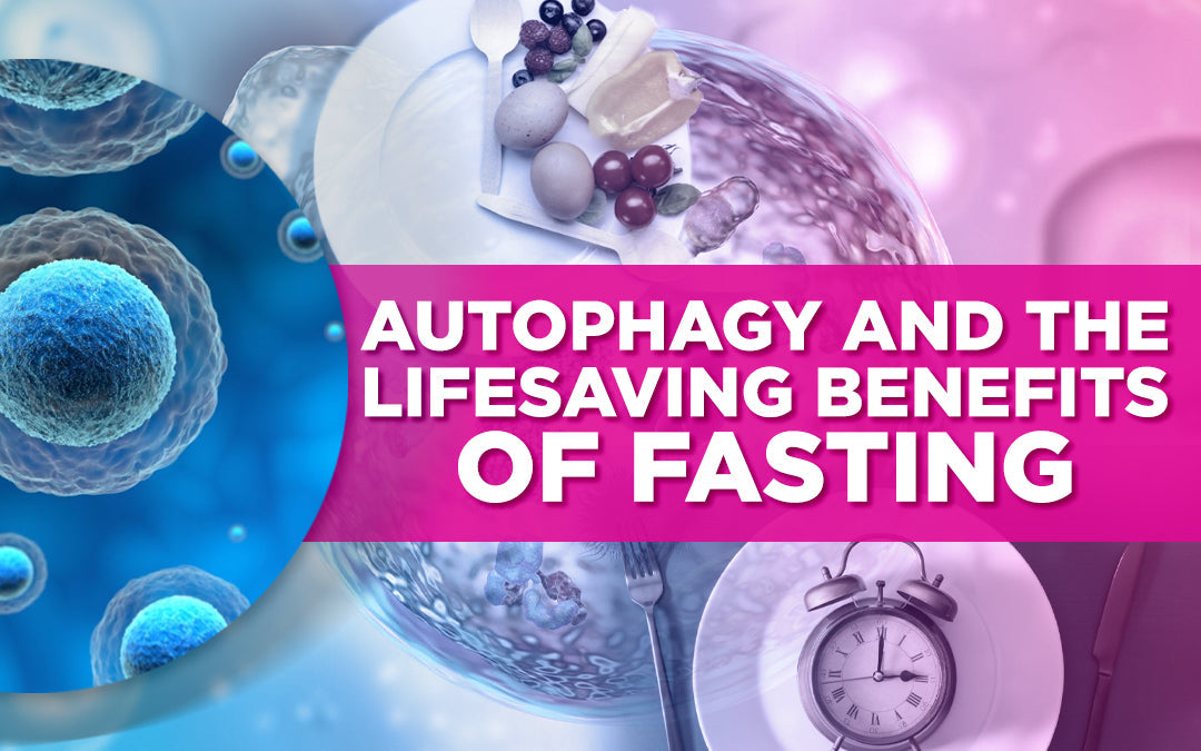 "Autophagy and the Lifesaving Benefits of Fasting" text with cells, food, and a clock on a plate.