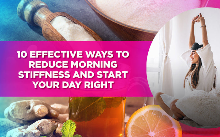 Collage of salt, tea, ginger, lemon, and a smiling woman stretching, promoting morning wellness tips.