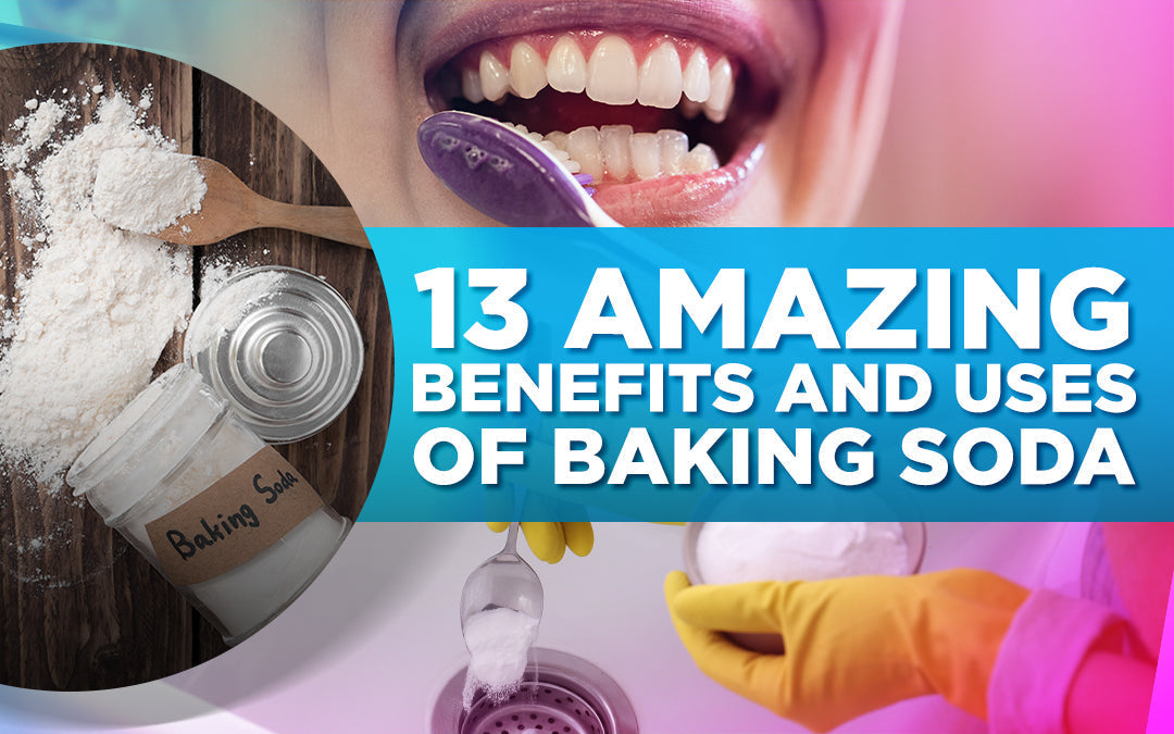 "13 Amazing Benefits and Uses of Baking Soda" with images of baking soda, teeth brushing, and cleaning.