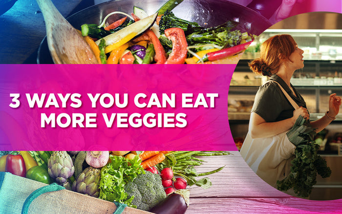 A colorful collage with text "3 Ways You Can Eat More Veggies," showing veggies and a woman shopping.