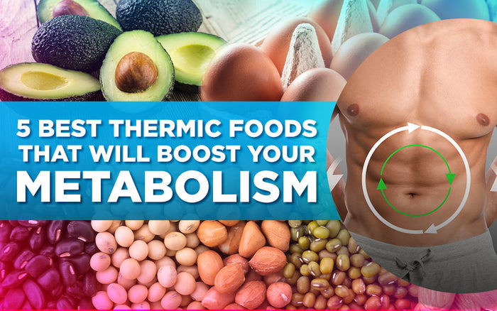 "Foods like eggs, avocado, and nuts with text: '5 Best Thermic Foods That Will Boost Your Metabolism.'"