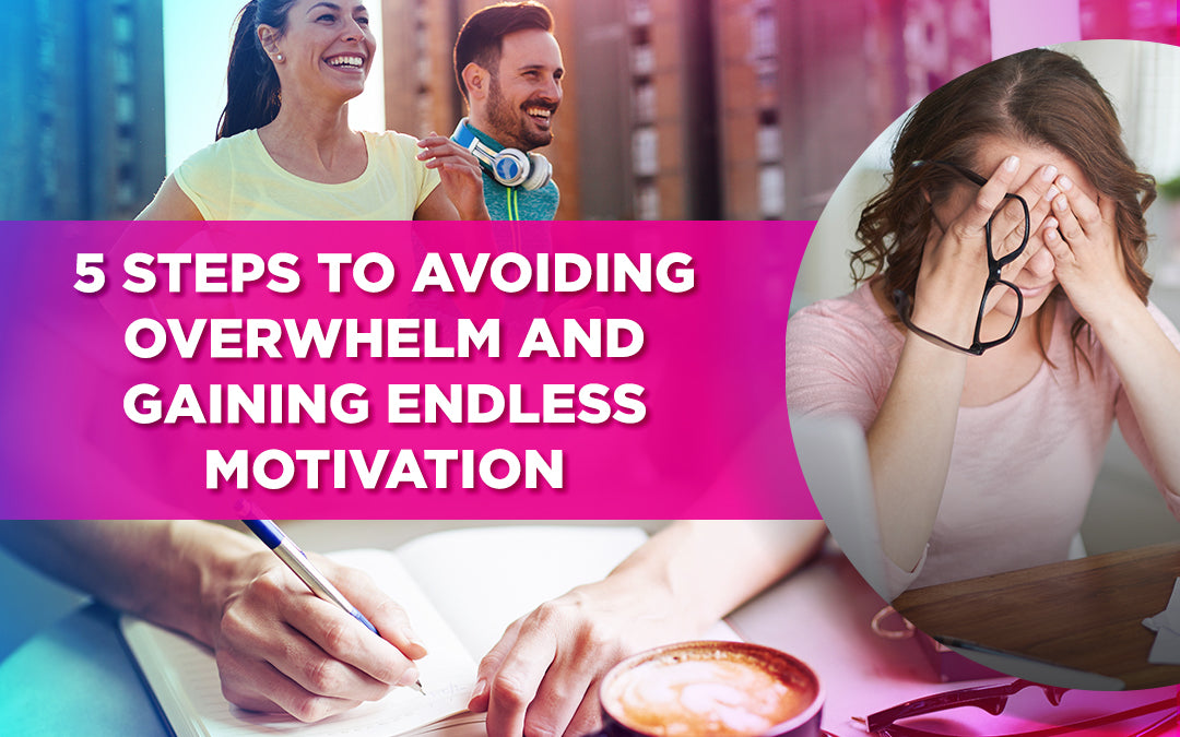 Graphic with happy people and a stressed woman, titled '5 Steps to Avoiding Overwhelm.'