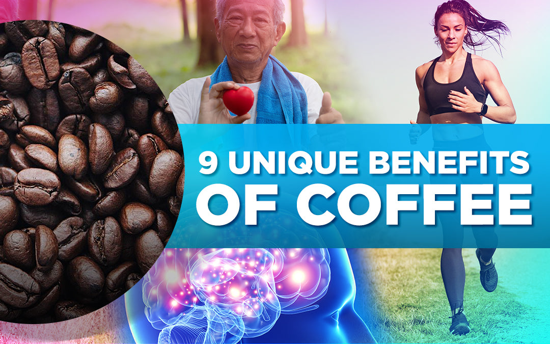 Coffee beans, elderly man holding a heart, woman running, and brain illustration with text overlay: '9 Unique Benefits of Coffee'.