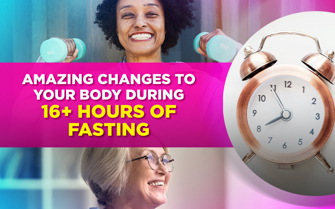 A motivational image about fasting, featuring happy women, dumbbells, a clock, and bold text.