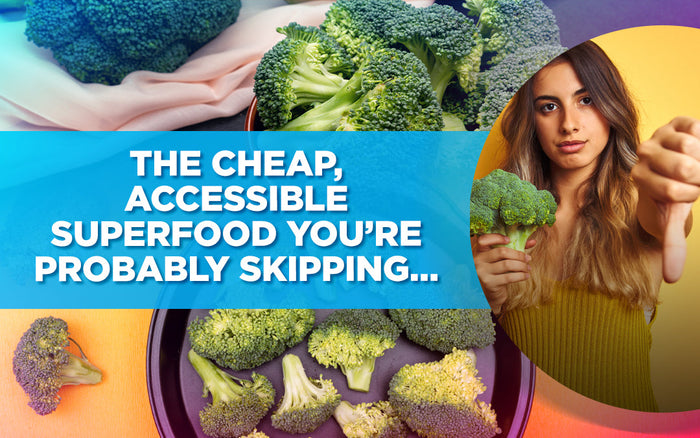 A promotional image about broccoli as a superfood, featuring a woman giving a thumbs-down gesture.