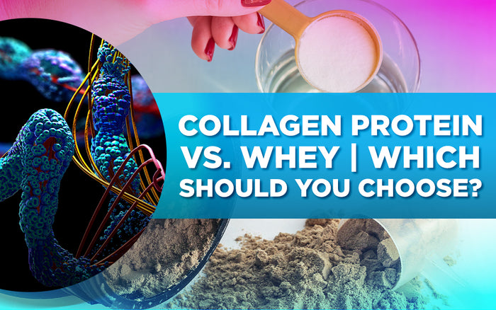 Collagen protein vs. whey protein, powder scoop, and molecular illustration, with text overlay.