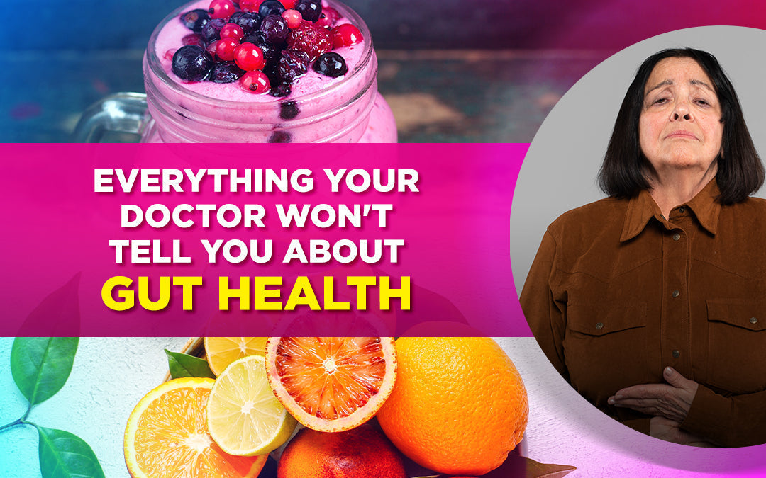 A woman holding her stomach with a concerned look, fruits, and a smoothie with a gut health message.