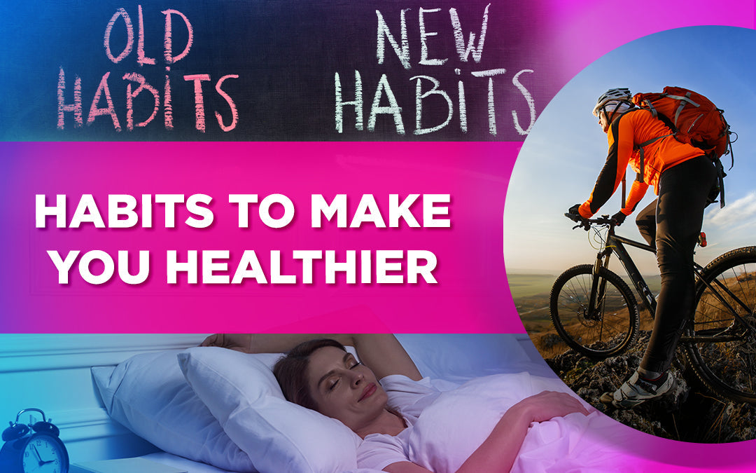 Healthy habits concept with sleep and exercise images, and 'Old Habits vs. New Habits' text.