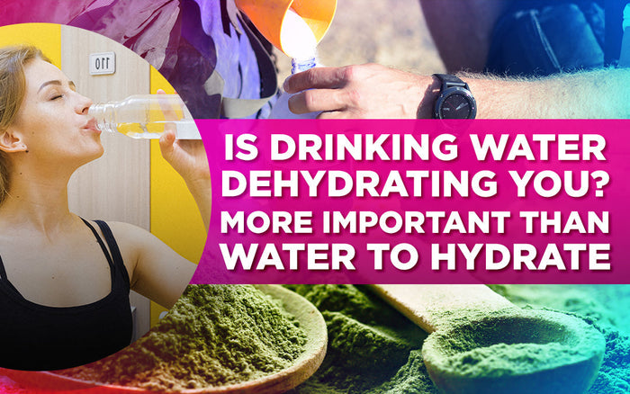 A digital collage with text asking, "Is drinking water dehydrating you? More important than water to hydrate."