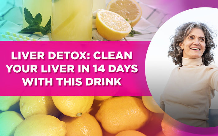 "Liver detox drink with lemons and a smiling woman. Text: 'Clean your liver in 14 days with this drink.'"