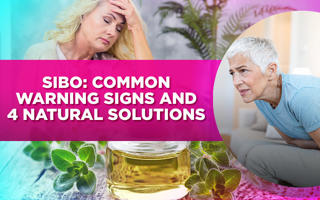 "SIBO: Common Warning Signs and 4 Natural Solutions" text with images of women in discomfort and herbs.
