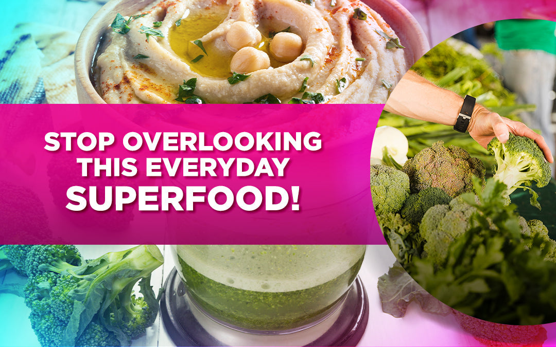 "Bold text says 'STOP OVERLOOKING THIS EVERYDAY SUPERFOOD!' over images of broccoli and hummus."