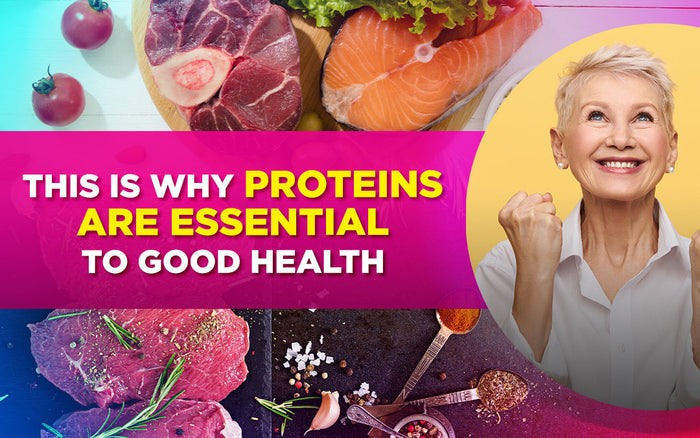 Smiling elderly woman with healthy meats and fish, highlighting the importance of protein.