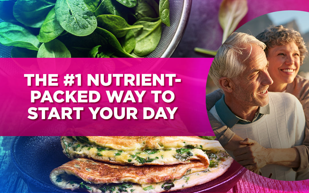 A spinach omelet with fresh greens and a happy senior couple, overlaid with bold pink health text.