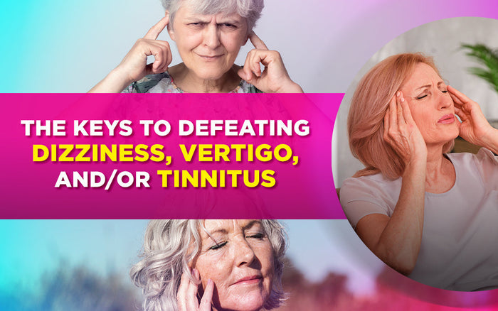 Women experiencing dizziness, vertigo, or tinnitus with text overlay about defeating these issues.