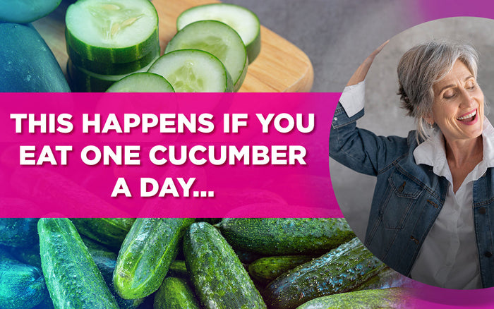 "Sliced cucumbers on a cutting board with text overlay: 'This happens if you eat one cucumber a day...'"