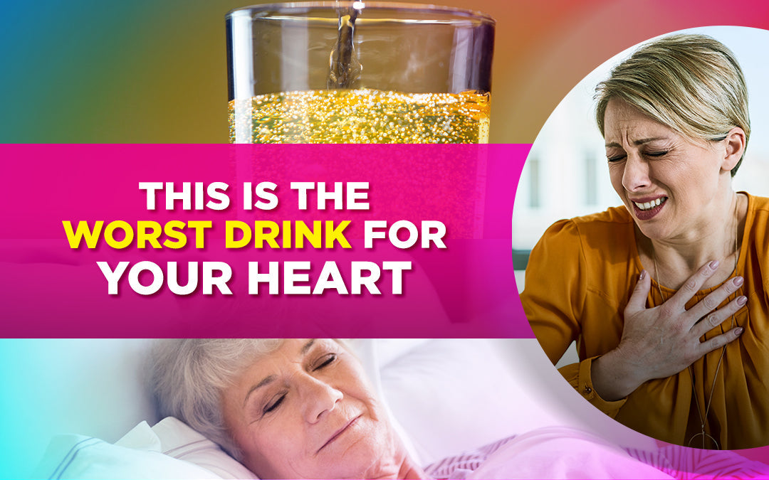 A glass of soda with text overlay: "This is the worst drink for your heart," with two women in distress.