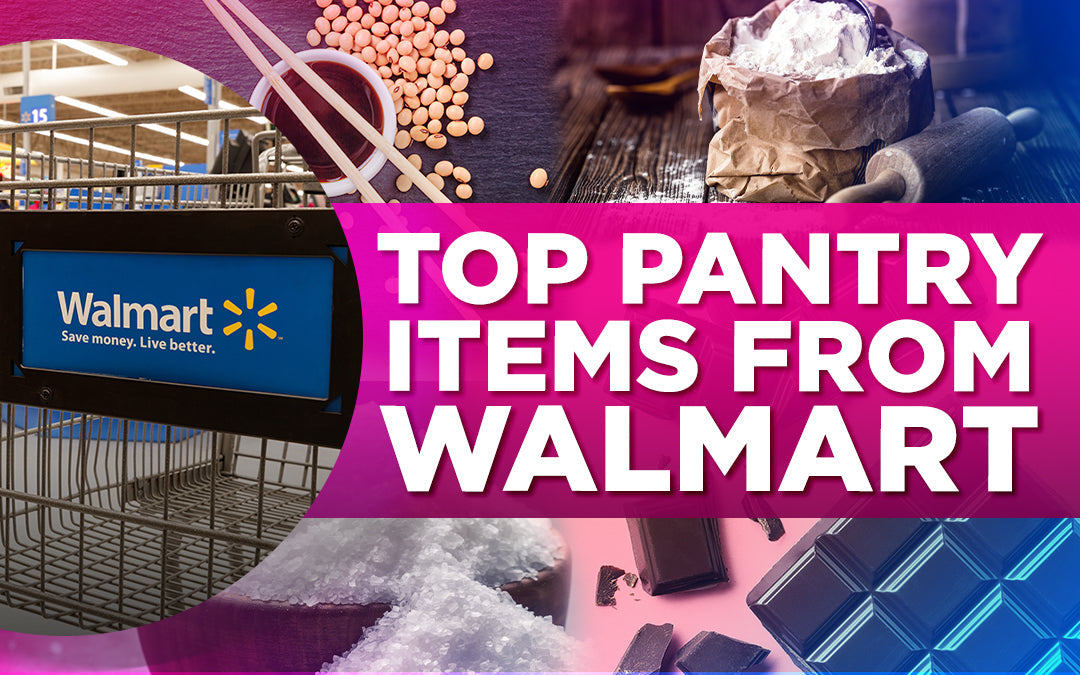 "Graphic with Walmart shopping cart and pantry staples, titled 'Top Pantry Items from Walmart'."