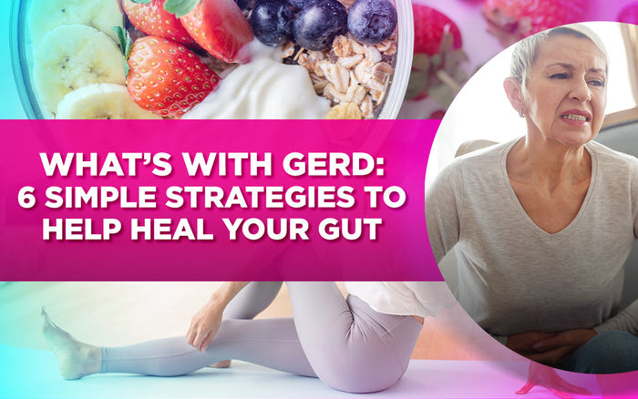 GERD relief tips text overlay with images of healthy food, yoga, and a woman experiencing discomfort.