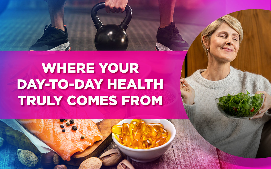 A vibrant image showcasing exercise, healthy food, and supplements with the text "Health Origins.