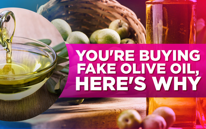 Pouring olive oil with olives and bottles in background, text reads 'You're Buying Fake Olive Oil, Here's Why.