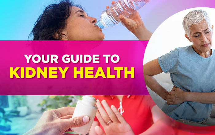 "Your Guide to Kidney Health" text with images of hydration, supplements, and a woman with kidney pain.