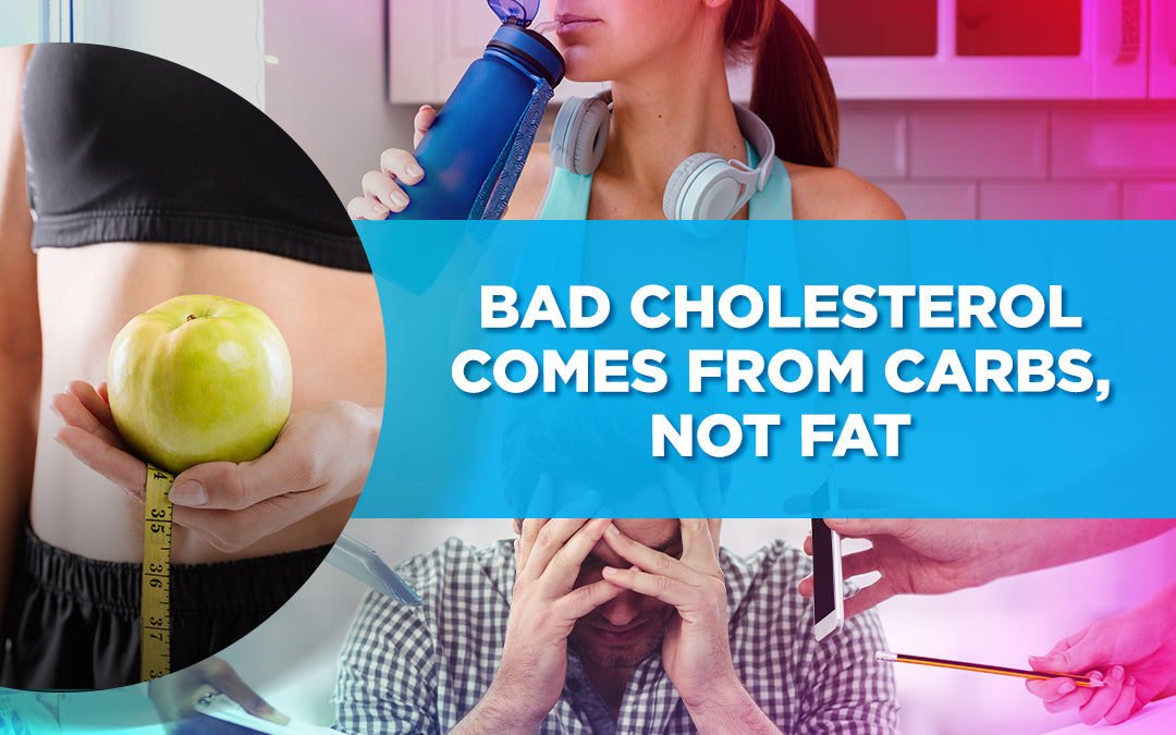 Infographic stating 'Bad Cholesterol Comes from Carbs, Not Fat' with images of health and stress themes.