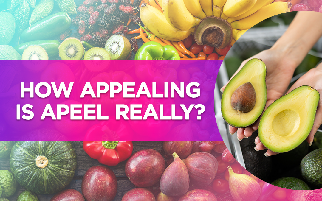 Various fruits and vegetables with text 'How appealing is Apeel really?' on a colorful background.