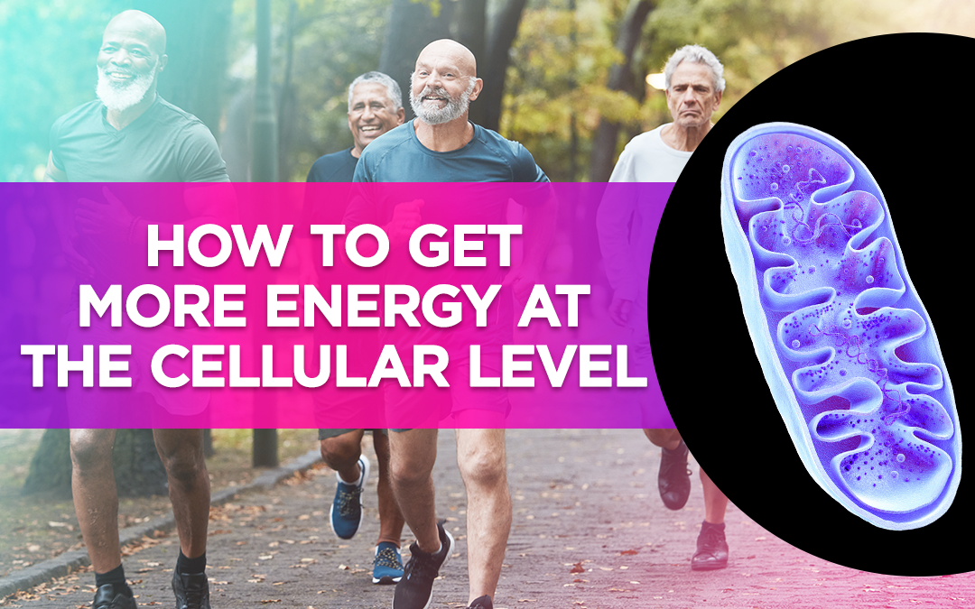 "Group of older adults jogging with text overlay: 'How to get more energy at the cellular level.'"