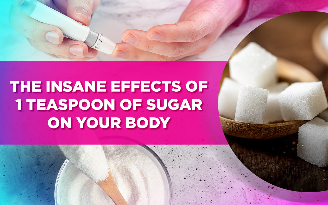 Graphic showing the effects of one teaspoon of sugar on the body with sugar cubes and test strip.