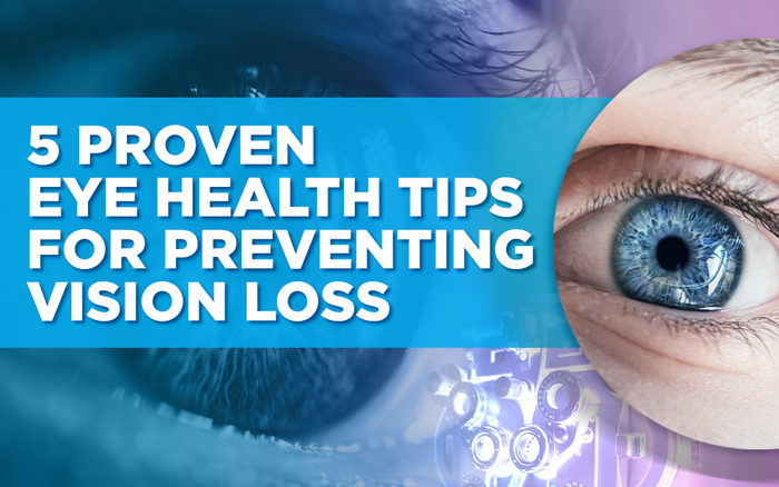 "5 proven eye health tips for preventing vision loss" text over images of blue eyes and an eye exam.