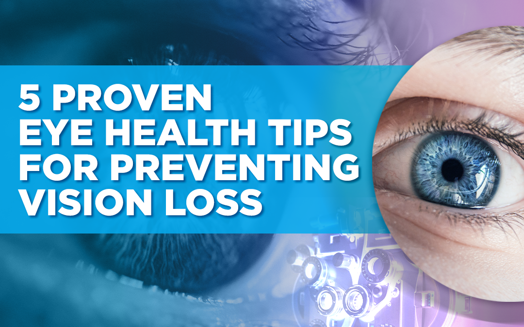 "5 proven eye health tips for preventing vision loss" text over images of blue eyes and an eye exam.