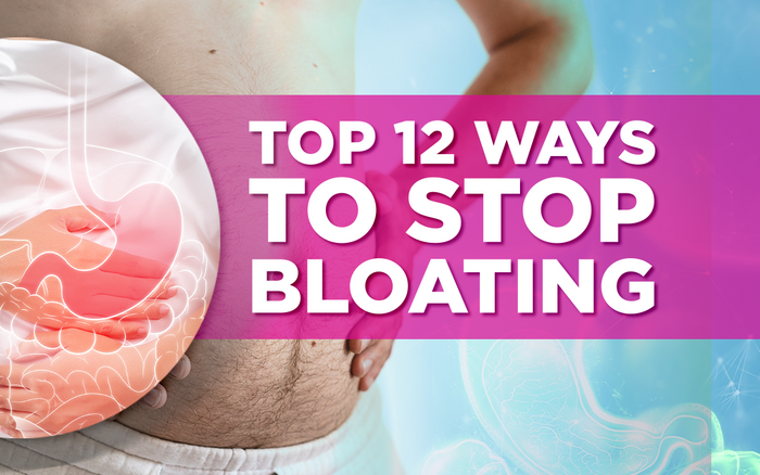 "Top 12 Ways to Stop Bloating" text over a bloated stomach with digestive system illustration.