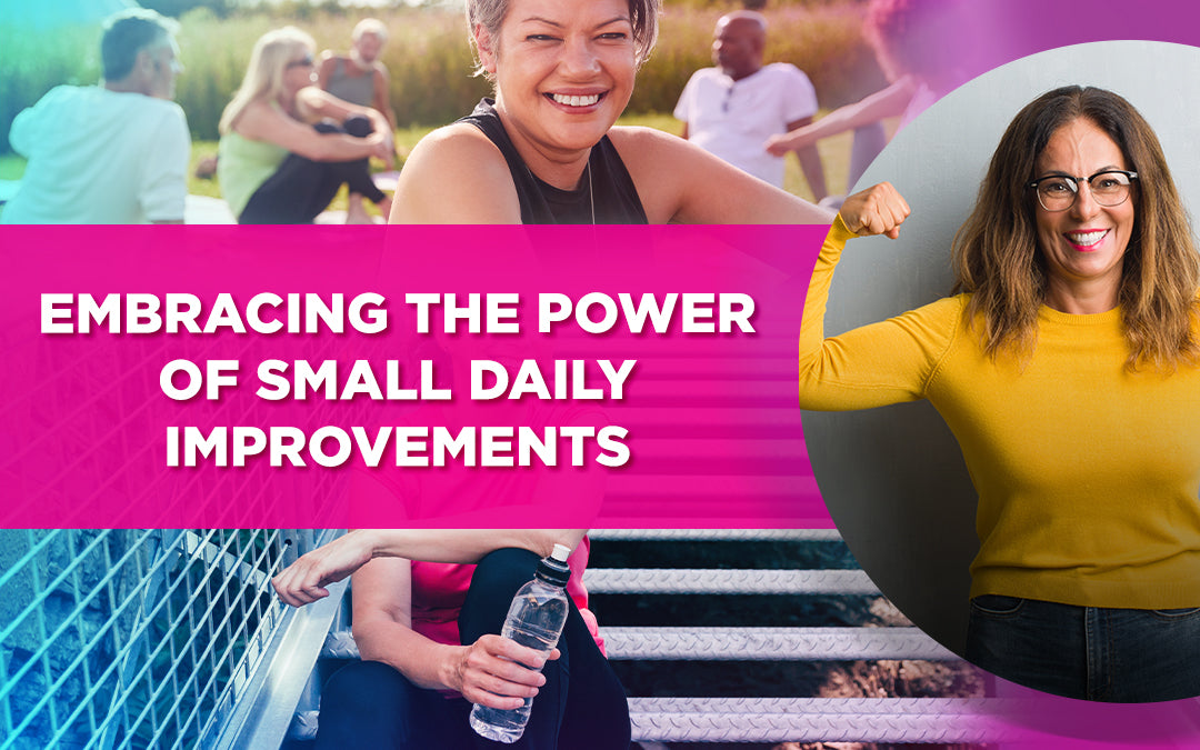 Smiling women exercising outdoors and flexing in a yellow shirt, promoting daily health improvements.